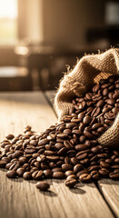 Aromatic Coffee Beans Spilling from a Burlap Sack Morning Brew Essence
