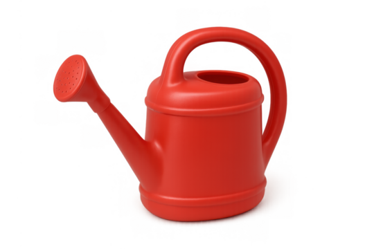 Red plastic watering can. Essential gardening tool providing water for plants and flowers. Transparent background