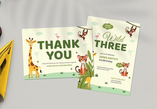 Playful Kids Birthday Party Invitation and Thank You Card Design Layout