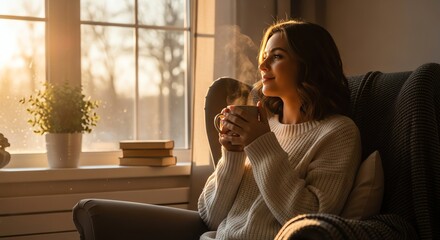 Woman relaxing with warm drink near window