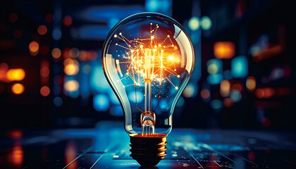 Energy and Technology Symbol with Shining Bulb at Night