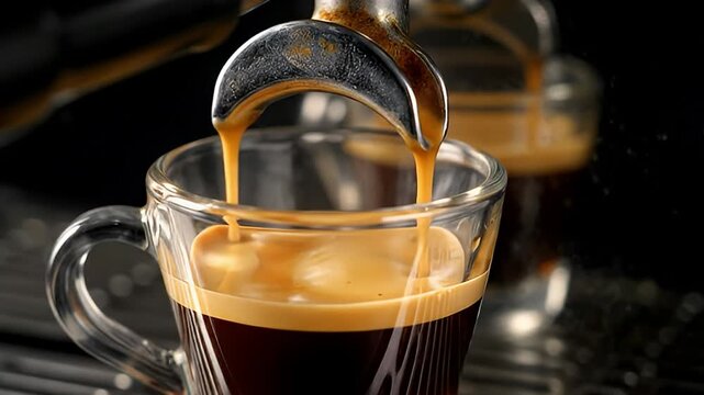 Close-up of a double shot of rich espresso with thick crema pouring from a portafilter into a glass cup