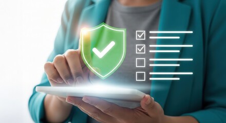 Person using digital tablet for data protection and security with shield icon