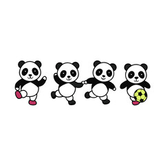 Naklejka premium Four cute cartoon pandas playing soccer together as a team silhouette isolated on white background