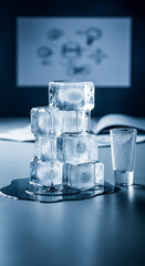 Conceptual still life of melting ice cubes stacked on a desk next to a shot glass, with a brainstorming diagram in the background