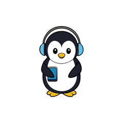 Cute cartoon penguin wearing headphones and holding a smartphone isolated on white background silhouette