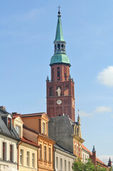 View of the market square in Starogard Gdański with the tower of St. Catherine's Church, Poland