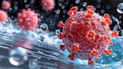 Red viral particles float in clear water, highlighting their unique shapes and details