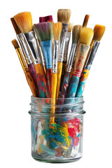 Colorful artist paintbrushes in a glass jar cut out