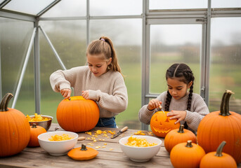 Two young girls joyfully engaged in a creative pumpkin carving activity inside a bright greenhouse, preparing for Halloween festivities and embracing the autumn season together