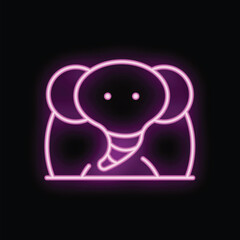 Neon sign in the shape of a cute elephant, glowing pink against a black background