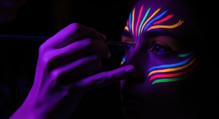 Closeup of a persons face being painted with neon colors under blacklight