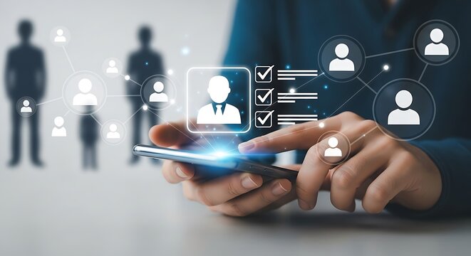 A person using a smartphone to select a candidate from a group of people, representing the recruitment and hiring process