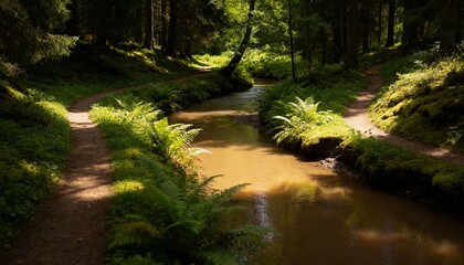Obraz premium A stream flows through a lush forest with hiking paths on both sides. Dappled sunlight illuminates green ferns in the woods. Outdoor adventure and nature landscape