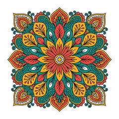 A complex and symmetrical floral mandala in rich, warm hues, ideal for textile pattern vector illustration.