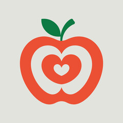 Fototapeta premium Red apple with concentric hearts and green leaf on light background