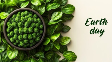Green plants encircle a dark bowl of textured greenery, representing Earth Day