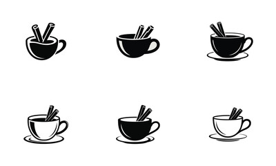 Black Coffee Cup and Spoon Silhouette Set – Minimal Vector Icons for Café, Restaurant, and Beverage Design