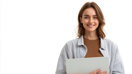 photo of a young smiling woman (female or girl) holding a laptop, isolated on a white background