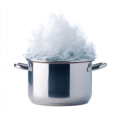 Steam Rising from a Stainless Steel Pot Filled with Boiling Water and Bubbles in a Bright Kitchen Setting