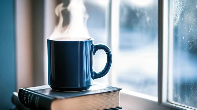 A cup of coffee sits on top of a stack of books, perfect for a quiet moment of study or relaxation