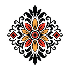 A stylized, ornate floral motif with a classic damask feel, featuring bold color vector illustration.