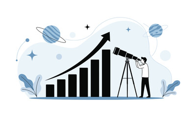 Business Growth Analysis Concept – Man with Telescope Observing Rising Bar Graph, Success and Future Vision Illustration