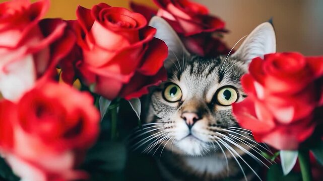 A curious cat takes cover behind a bouquet of bright red roses