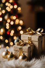 Luxury Christmas Gifts in Gold and Red with Festive Bokeh Background

