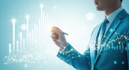 Businessman analyzing financial data and market trends with digital interface