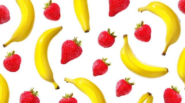 Vibrant seamless pattern of fresh ripe strawberries and yellow bananas on a black background