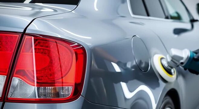 Close up of a car detailing professional using a polishing machine to buff a silver vehicle s paintwork for a showroom shine