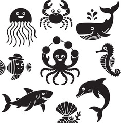 Fototapeta premium Black and white cartoon sea creatures and ocean life jellyfish crab