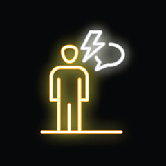 Neon sign of a man standing and receiving shocking news through a speech bubble with a lightning bolt
