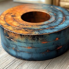 Fototapeta premium A unique circular sculpture displays layered textures and vibrant colors on natural wood