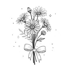 Black and white line art bouquet of daisies with bow, minimalist hand-drawn botanical floral illustration, elegant decorative design