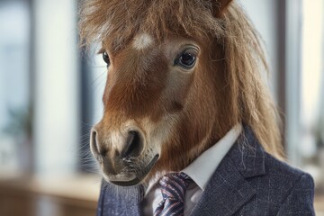 A brown horse wearing a stylish blue suit and tie, in an office setting, blends humor with professionalism. A unique, whimsical character.