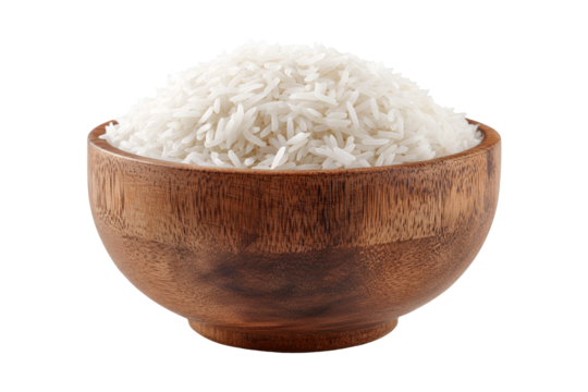 A wooden bowl filled with white rice against a solid black background