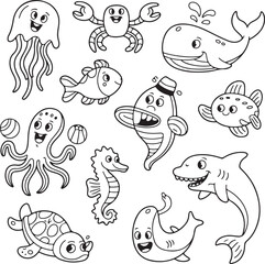 Fototapeta premium Black and white cartoon sea creatures with happy expressions jellyfish crab