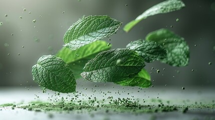 Fresh mint leaves float amid fine green powder, evoking freshness