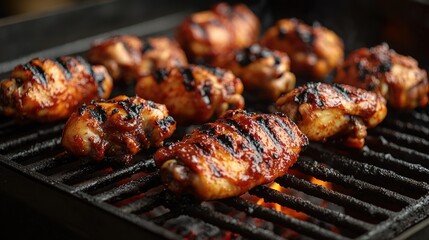 Juicy chicken thighs are sizzling on a grill, with smoky flames and rich marinade
