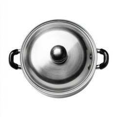 Stainless Steel Cooking Pot with Lid, Top View, Kitchenware for Culinary Use, Essential Utensil for Home Cooking or Professional Chefs