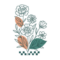 A delicate line art drawing of wildflowers and foliage, featuring a subtle color accent vector illustration.