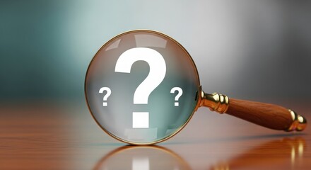 A magnifying glass focusing on question marks to represent uncertainty and inquiry