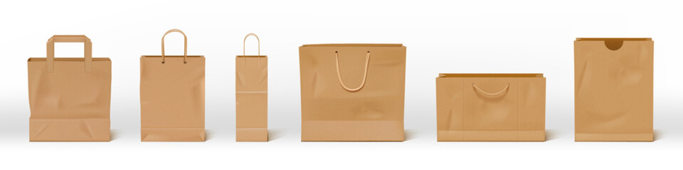 Obraz premium Shop bag. Brown paper craft handle package, 3d rope supermarket food pack. Carrier front view, carry gift. Realistic templates for branding, purchase wrapping. Vector isolated mockup set