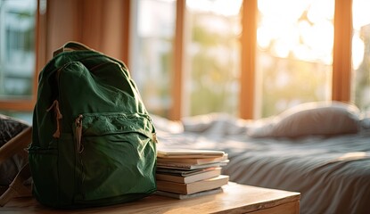Green backpack and books beside a sunlit bed