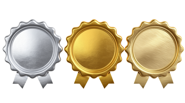 Set of three decorative medals with ribbons including gold silver and bronze colors cut out - Powered by Adobe