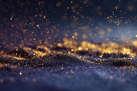 Sparkling gold particles drift across a dark, textured surface