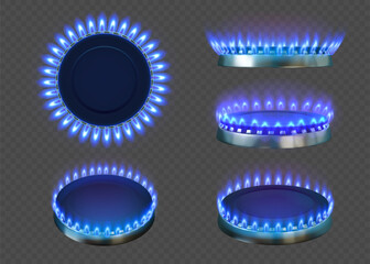Gas flame. Stove fire burner, blue cook oven top and side view. Natural energy effect, kitchen cooker hob ring. Light glow, oven ignition mockup, propane butane cooktop. Vector realistic set