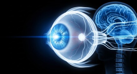 Futuristic x-ray macro of human eye with glowing blue iris and optic nerves, detailed medical backdrop with elegant copyspace